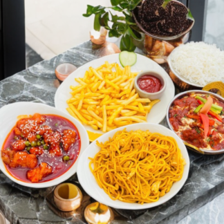 501. Family combo (Chicken tikka masala**+basmati rice+ Honey chicken +egg noodles + french fries)